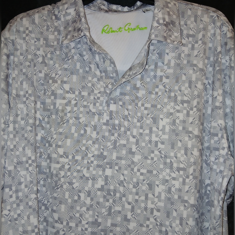 Robert Graham Men's "Amaro" Grey Geometric Check Golf Jersey Polo.